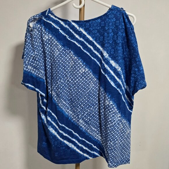 Chico's Cold Shoulder Batik Look Short Sleeve Cotton Shirt Size 3 - Picture 3 of 6